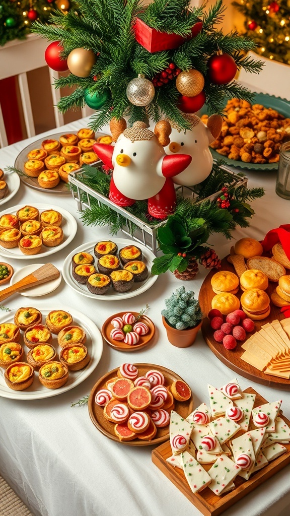 A festive Christmas party food table with stuffed mushrooms, mini quiches, cheese platter, and decorated cookies.